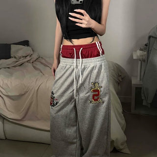 Lettering Layered Cotton Training Banded Drawstring Wide Long Pants