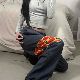 Low-rise Washed Patchwork Lettering Training Wide Long Pants