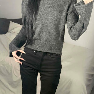 Mohair Wool Blend Boat Neck Flare Sleeve Slim Fit Crop Knit