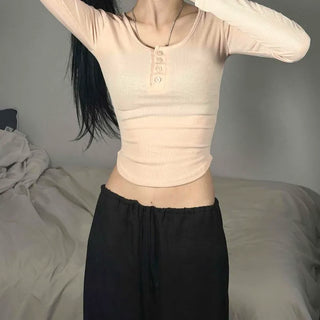 Henley Neck Rounded Button Ribbed Stretchy Slim Fit Crop Long Sleeve T-shirt