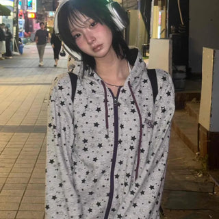 Star Detail Print Contrast Oversized Fit Zip-up Hoodie