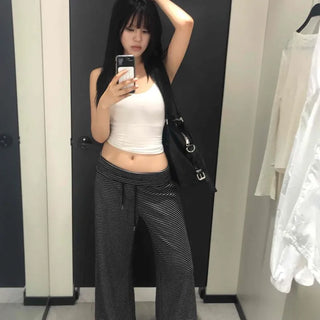 Striped Tracksuit Elastic Waist Loose Fit Wide Roll-up Back Pocket Long Pants