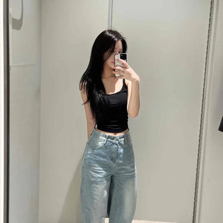 Low-Rise Washed Pocket Cuff Back Hemline Wide Jeans