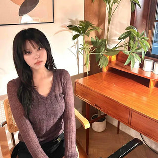 Ribbed V-neck See-through Lace Frill Crop Delicate Fit Knit