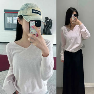 Wool Blend Cashmere V-Neck Loose Fit Knit