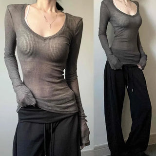 Deep V-Neck See-Through Knit Slim Fit Inner Long Sleeve T-Shirt