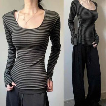 Slim Fit U-Neck Striped Modal Long Sleeve T-Shirt
