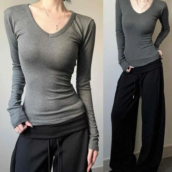 Ribbed V-neck Slim Fit Cinched Waist Delicate Sleeve Long Sleeve T-shirt