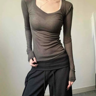 V-neck Slim Fit Back Slit Cropped See-through Long Sleeve T-shirt