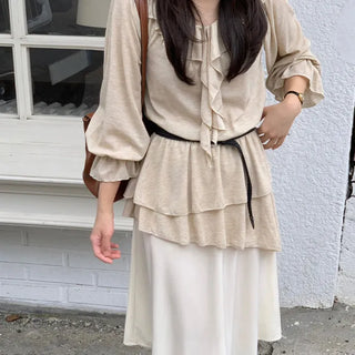 Autumn Ethnic Frill Ruffle Blouse  Tiered Mini Dress