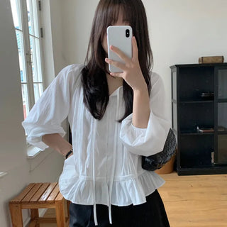 Loose Fit Pintuck Frill Long Sleeve Blouse
