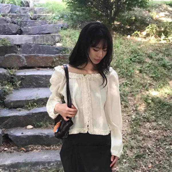 Square Neck Frill Chiffon See-through Loose Fit Crop Blouse