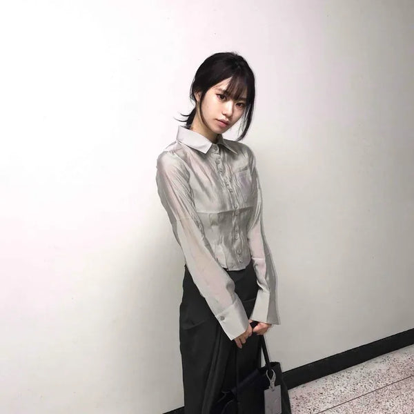 Yard Double Button Pintuck Cuff Semi-Crop Shirt
