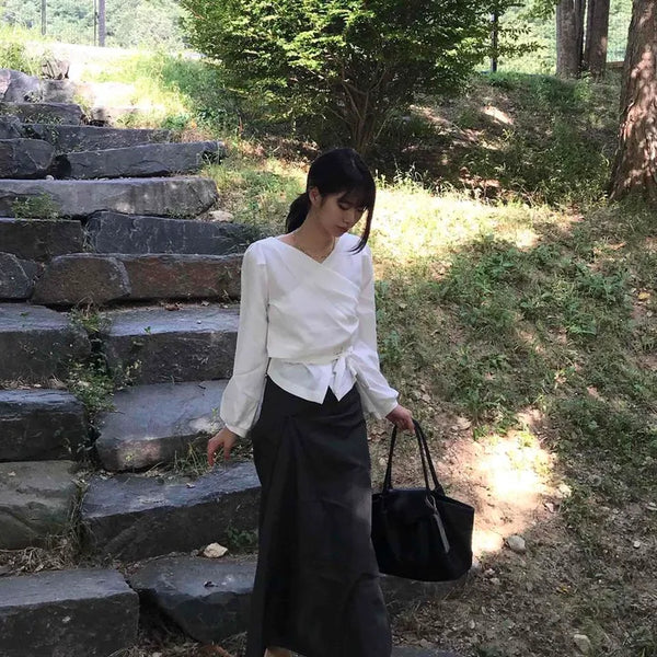 Lowts Draped Asymmetrical Shirred Slit Maxi Skirt