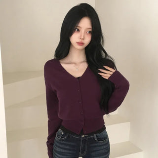 Soft Basic Round Neck & V-Neck Slimming and Delicate Fit Long-Sleeve Cardigan for Transitional Season