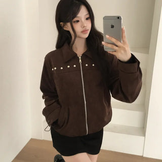 Studded String Avant-garde Loose Fit Suede Short Jacket Blouson