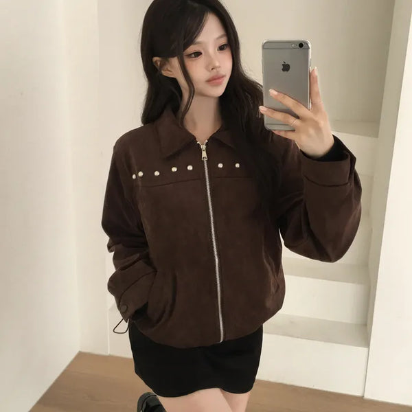 Studded String Avant-garde Loose Fit Suede Short Jacket Blouson