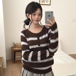 Color-block Striped Henley Neck Avant-garde Loose Fit Long Sleeve Knit