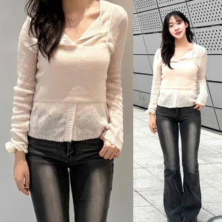 Bustier Sleeveless Layered Set Ribbed Wool Delicate Fit Long Sleeve Knit Cardigan