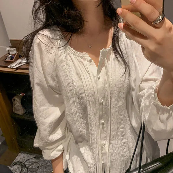 Fruity Lace Pintuck Blouse String U-Neck Raglan Balloon Blouse Wedding Guest Look Date Look Autumn