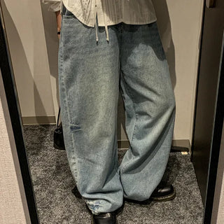 Nico Elastic Waist Wide Denim Pants Washed Plus Size Curving for Thicker Tumors Balloon Pants Elastic Waist Pants Autumn