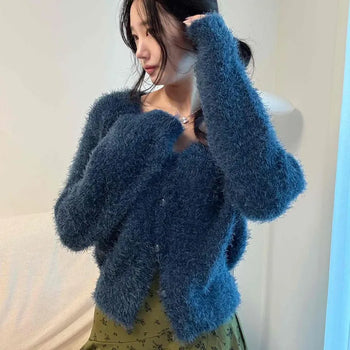 Pine Needle Fur V-Neck Loose Fit Button Thick Cardigan