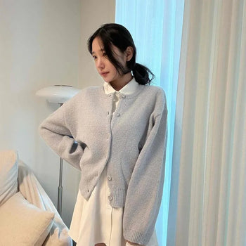 Thick Wool Cashmere Loose Fit Round Neck Button Knit Cardigan
