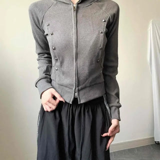 Studded Two-Way Hand Warmer Slim Fit Zip-Up Hoodie
