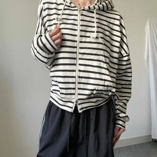 Cropped Loose Fit Border Stripe Drawstring Cotton Blend Zip-Up Hoodie