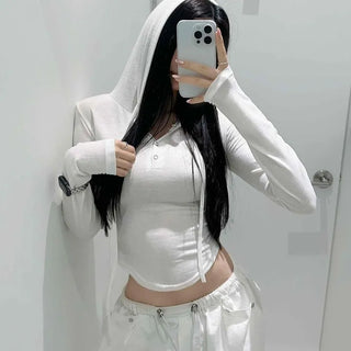 Henley Neck Button Back Button Rolled Hem Slim Fit Crop Long Sleeve T-shirt