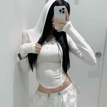 Henley Neck Button Back Button Rolled Hem Slim Fit Crop Long Sleeve T-shirt