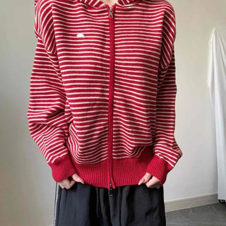 Striped Loose Fit Knit Zip-Up Hoodie with Zipper Drawstring