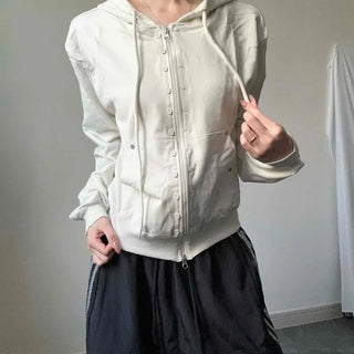 Slim Semi-Crop Studded Button Line Two-Way Pocket Cotton Zip-Up Hoodie