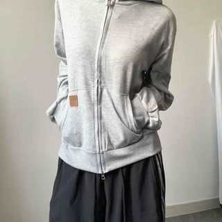 Leather Patch High-Neck Loose Fit Pocket Cotton Blend Zip-Up Hoodie
