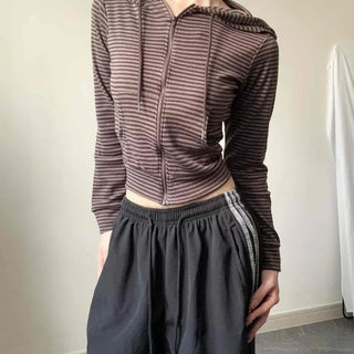 Striped Shirred String Crop Slim Fit Zip-Up Hoodie