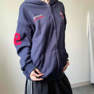 Loose Fit Cotton Lettering Logo Number Point Zip-Up Hoodie
