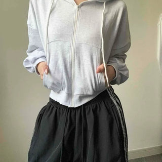 Cropped Loose Fit Cotton Drawstring Zipper Long Sleeve Zip-Up Hoodie