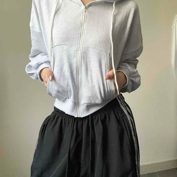 Cropped Loose Fit Cotton Drawstring Zipper Long Sleeve Zip-Up Hoodie