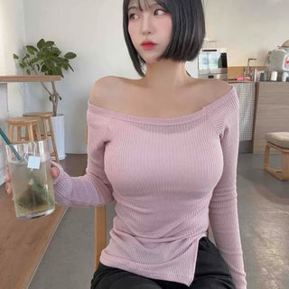Off-shoulder Ribbed Raglan Side Slit Slim Fit Knit Long Sleeve T-shirt
