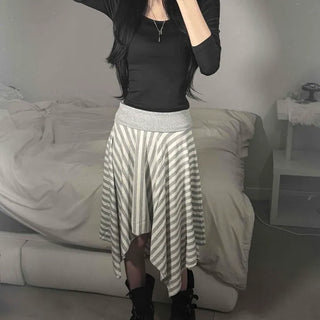 D-Et Stripe Asymmetrical Flare Folding Midi Skirt