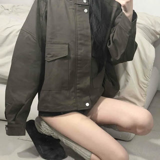 Haymit High-Neck Button Oversized Cotton Short Field Jacket