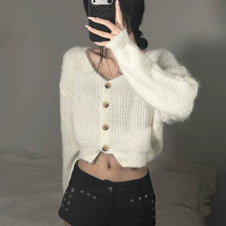 House Soft Loose Fit V-Neck Crop Fur Cardigan