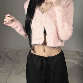 Two-Button Open V-Neck Slim Fit Cropped Fur Cardigan