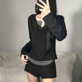 Double Snap Button Layered Slim T-shirt