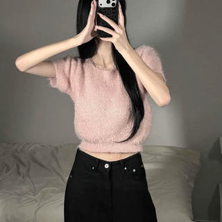 Muse Feather Fur Round Short Sleeve Knit