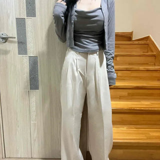 Two-Pintuck High-Waist Flowy Loose Fit Wide Long Button-Waist Slacks