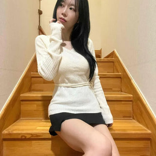 Choker V-Neck Ribbed Hand-Covering Slim Fit Knit