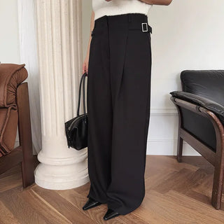 Ink Buckle Pintuck Low-Rise Wide Slacks Pants for Work