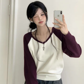 Color Block Raglan V-neck Avant-garde Loose Fit Long Sleeve Knit