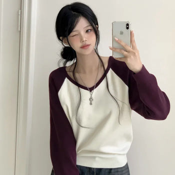 Color Block Raglan V-neck Avant-garde Loose Fit Long Sleeve Knit